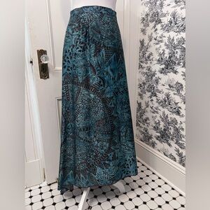 Peruvian Connection women’s Asymmetrical hemTeal Patterned A-Line Maxi Skirt 10